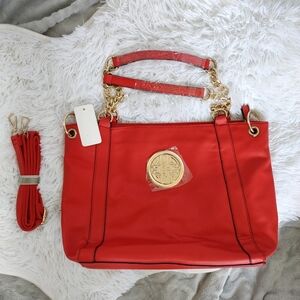 Red with Gold Chain Tote Shoulder Bag Purse